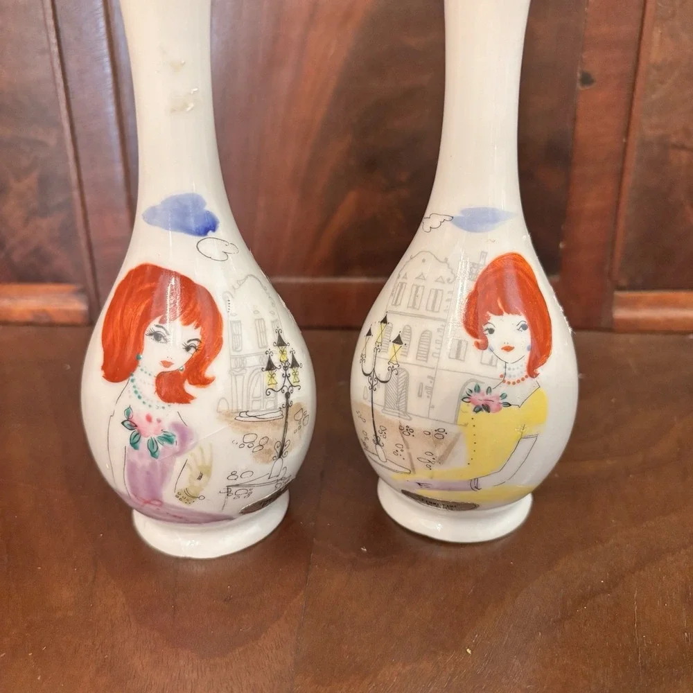 Vintage Enesco Femme Faire Hand Painted‎ Girl Vases Pair Mid Century 6